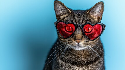 Playful cat in heart-shaped sunglasses indoor setting fun and quirky photography close-up view