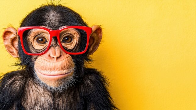 Playful monkey wearing glasses studio animal portrait yellow background fun concept
