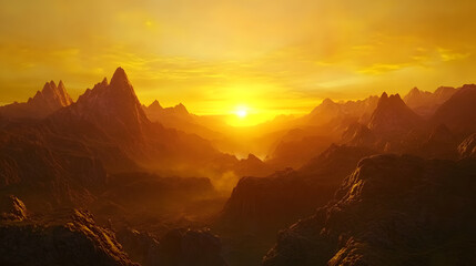 Naklejka premium Sunrise casting golden light over the jagged peaks of rugged mountains, highlighting the stunning natural beauty