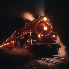 Obraz premium Majestic red steam train speeding through night, illuminated headlights, smoke, motion blur.