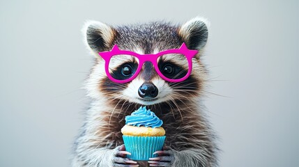 Adorable raccoon enjoying cupcake studio setting animal portrait playful mood close-up shot