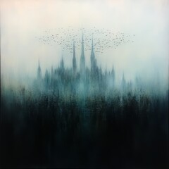 Mystical castle obscured by fog and birds.