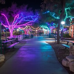 Night pathway with colorful lights illuminating trees and picnic tables.