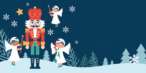 Festive Christmas Nutcracker with Angels Snowflakes Winter Wonderland Scene