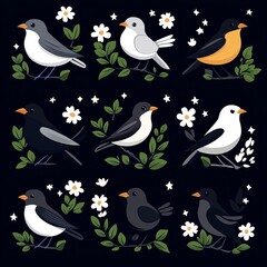 Obraz premium Nine illustrated birds perched on branches with flowers.