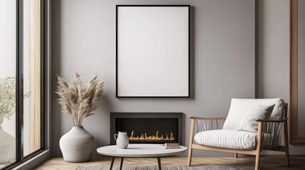 Modern Minimalist Living Room Interior Design with Fireplace and Blank Canvas