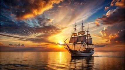 Fototapeta premium of a vintage ship sailing at sunset on the ocean, sunset, ship, old, vintage, sea, ocean,travel, adventure, nautical