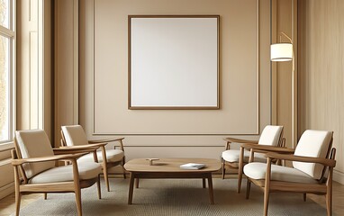 Beige room interior with four armchairs, coffee table, and large blank canvas.