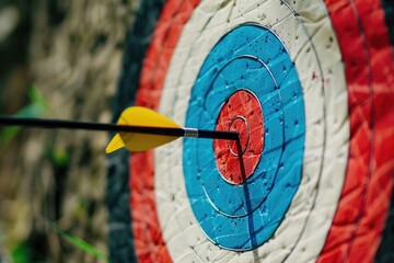 Premium Quality Image of CloseUp of Archery Target with Arrows Hitting the Center, Outdoors