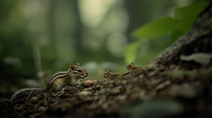 A chipmunk foraging in the forest, surrounded by soft green hues and three curious chipmunk offspring.