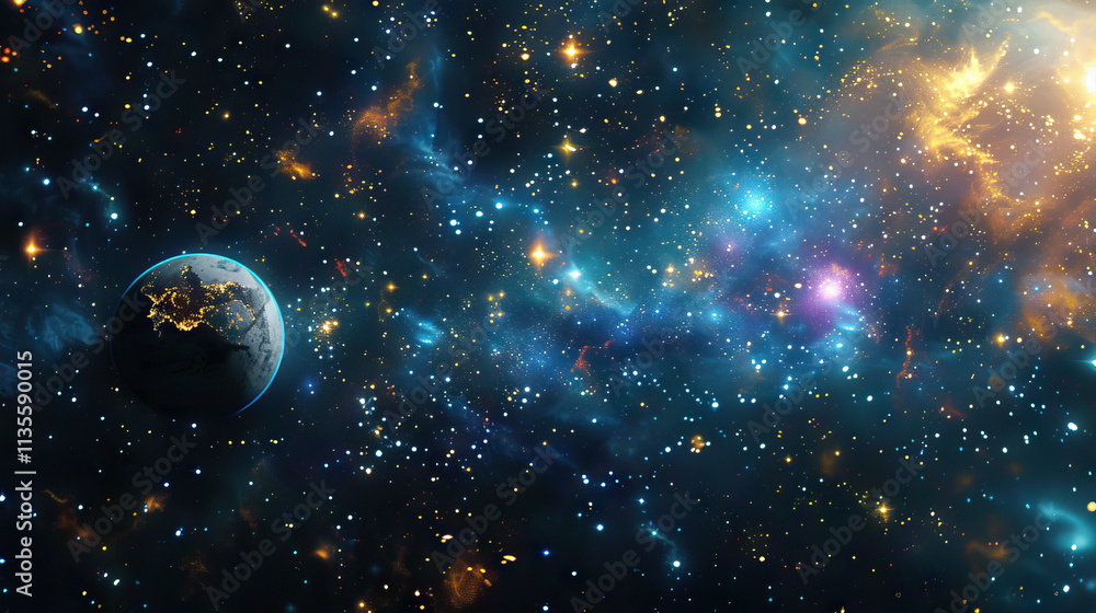 Poster planet and nebula in space: digital rendering