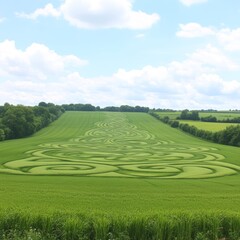 Serene green field with intricate crop circle design under a partly cloudy sky.