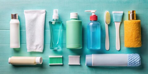 Flat lay of essential travel toiletries including toothbrush, toothpaste, shampoo, and lotion , travel, toiletries