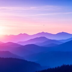 Fototapeta premium Serene sunset over layered mountains, vibrant purple and blue hues.
