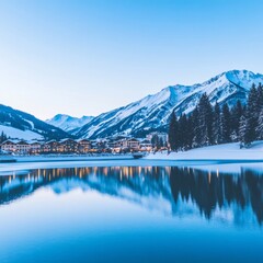 Serene winter landscape snow-covered mountains reflected in a frozen lake at twilight.