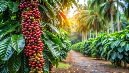 Obraz premium Coffee tree farm with areca nut palm, coffee, tree farm, agriculture, plantation, tropical, farm landscape, crops