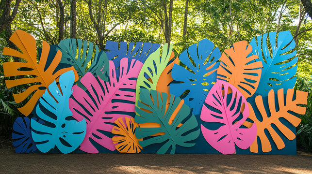 Colorful tropical leaf cutout backdrop.