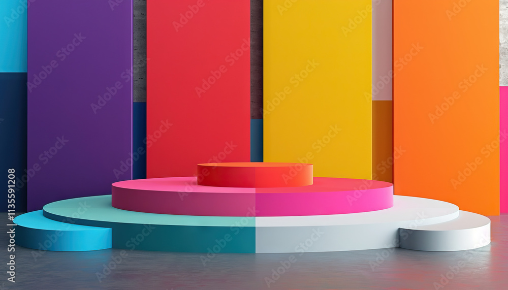 Poster multi-level circular display platform with colorful background