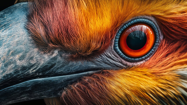 Close up of a colorful bird's head.  Intricate details and vibrant plumage. Concept of nature, wildlife, and avian beauty.