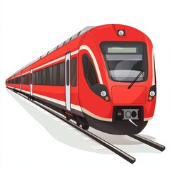 Naklejka premium Modern red train traveling on tracks urban environment digital illustration side view perspective