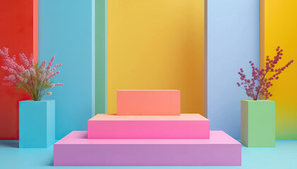 Three-Tiered Pastel Platform with Floral Arrangements