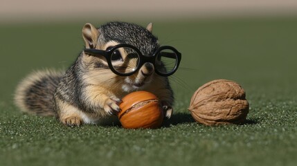 Fototapeta premium Playful squirrel with nuts and a ball a close-up capture in a fun outdoor environment