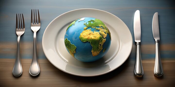 Globe on dinner plate with cutlery reflecting global food security , World Food Day, International Day