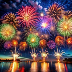 A celebratory atmosphere with colorful fireworks illuminating the night sky