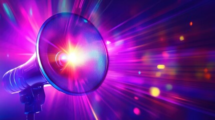 Vibrant Sound Waves Emanating from a Megaphone Against a Colorful Background with Brilliant Light Rays and Glowing Particles for Dynamic Visual Impact