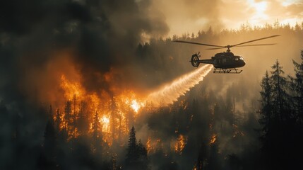 Helicopter action to combat wildfire in forested area aerial view environmental crisis response