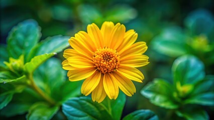 Vibrant yellow flower with delicate petals and green leaves, floral, nature, blooming, bright, colorful, spring, garden, botanical