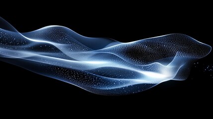 Abstract blue glowing wave particles on black background.