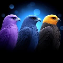 Fototapeta premium Three stylized birds, purple, blue, gold, dark background.