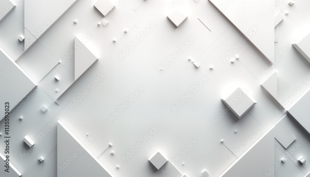 Poster Abstract geometric shapes. Layered white, light gray squares, triangles create modern tech pattern. Design contemporary. Ideal for website banner digital art. Unique background illustration. Abstract