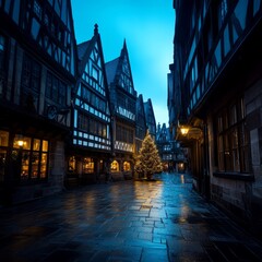 Obraz premium Twilight view of a cobblestone street lined with historic half-timbered buildings, featuring a decorated Christmas tree.