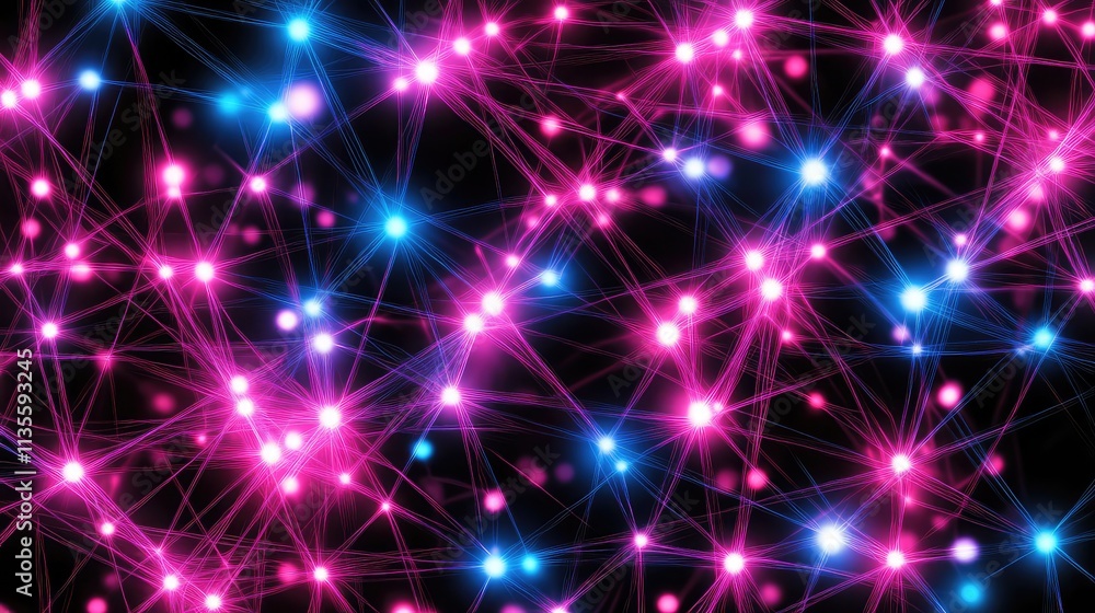 Poster abstract colorful network with bright stars and lines in dark background
