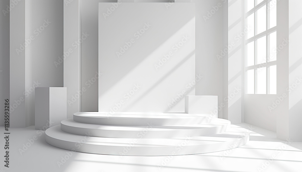 Poster white studio setting with three-tiered circular platform and blank canvas