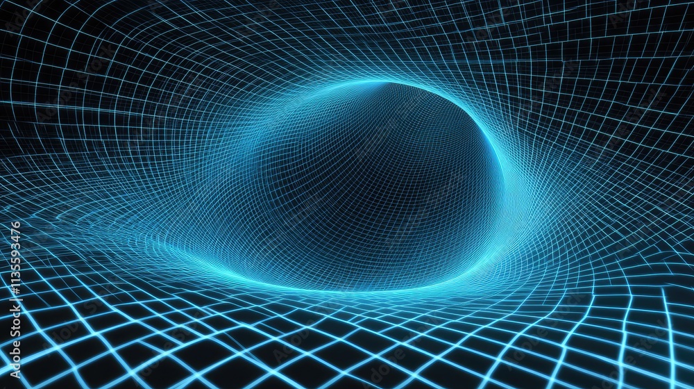 Poster abstract 3d visualization of blue wireframe grid and curved surface