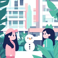 Two girls admire a small snowman in a modern city setting amidst tropical plants.