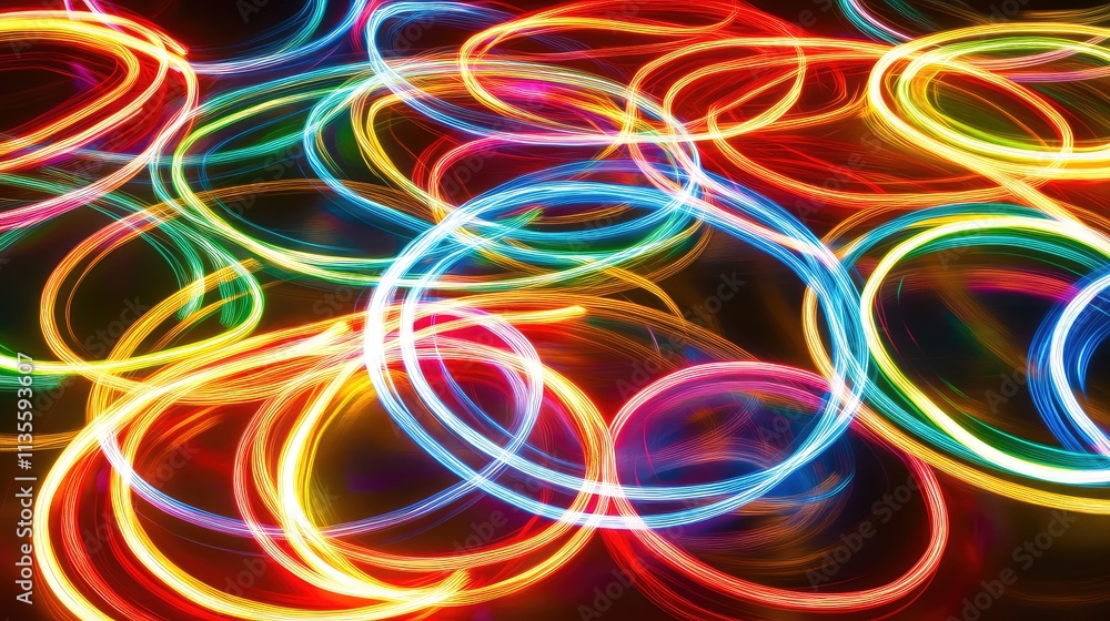 Poster colorful light trails with circular patterns on dark background