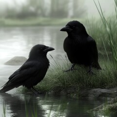 Obraz premium Two ravens by misty water.