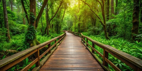Wooden walkway leading into lush green forest, nature, pathway, woods, trees, adventure, outdoor, foliage, trail, scenic