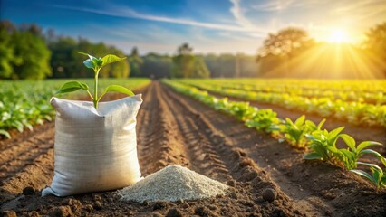 Fertilizer bag leaning on fertile soil with healthy crops sprouting nearby on a sunny day, fertilizer, bag, soil