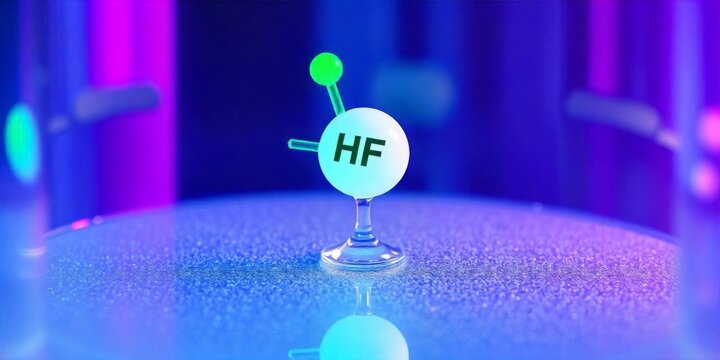 Visual representation of hydrogen fluoride molecule in a colorful scientific setting
