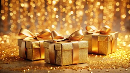 Luxurious golden gift boxes with ribbons on festive background, luxury, golden, gift boxes, ribbons, festive, celebration
