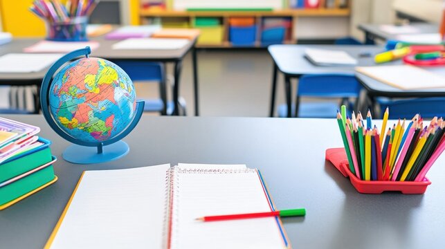 Classroom Supplies with Globe and Notebooks on Desk in Educational Environment, Perfect for School Projects and Learning Activities Focused on Geography and Creativity