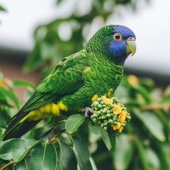 Fototapeta premium Vibrant green parrot perched on a branch, eating yellow flowers.