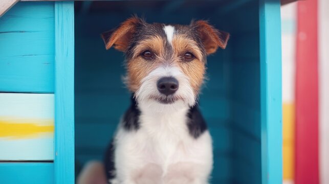 A dog sitting inside a colorful doghouse, looking curiously at the viewer.