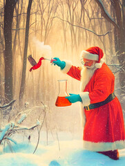 Santa Claus is doing science experiments with a blonde girl in a lab or in the snow with science equipment during a snowy day covered in white snow.