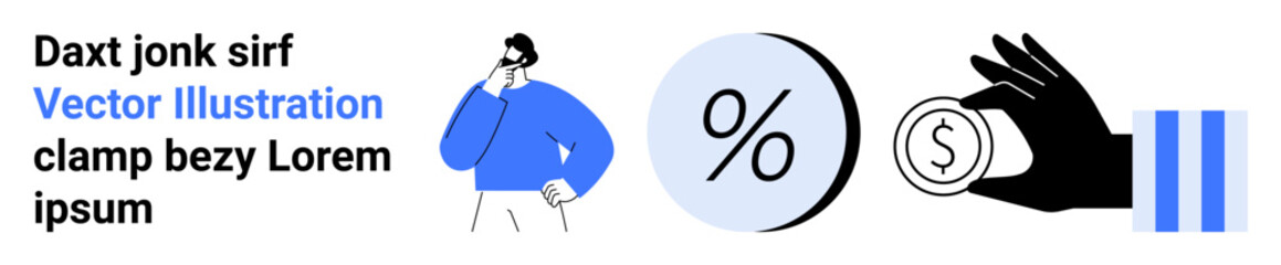 Businessman thinking, percentage symbol, hand holding coin, and vertical bars. Ideal for financial services, investment advice, economic analysis, banking apps, business planning, educational